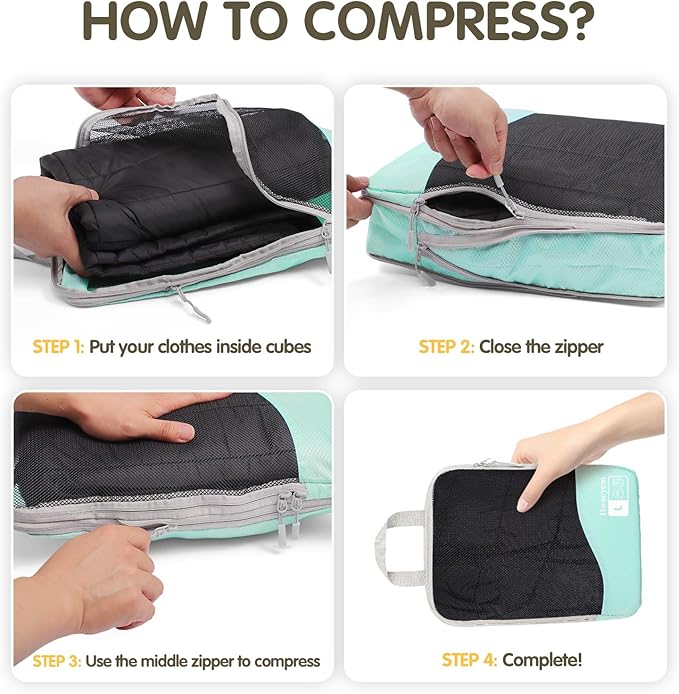 Compression Packing Cubes 8 Set, Dual Zipper Compression Packing Cubes for Travel, See-Through Mesh Packing Bags for Suitcases, packing cubes with shoe bag