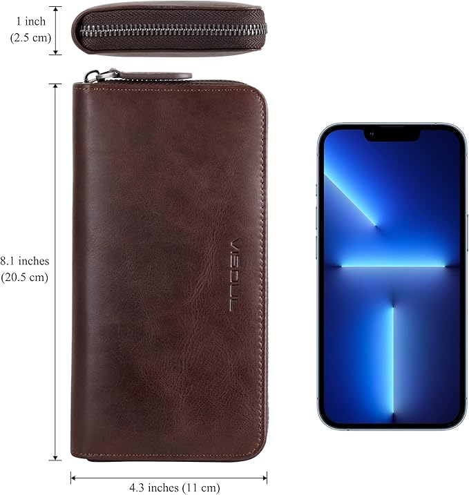 VISOUL Leather Long Zipper Pouch Wallet for Men and Women with RFID Blocking, Large Clutch Cash Long Wallet with Zipper (Coffee)