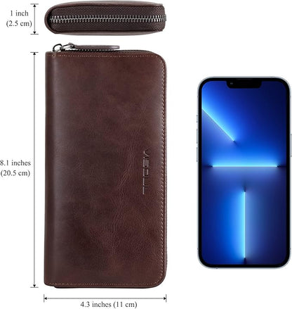 VISOUL Leather Long Zipper Pouch Wallet for Men and Women with RFID Blocking, Large Clutch Cash Long Wallet with Zipper (Coffee)