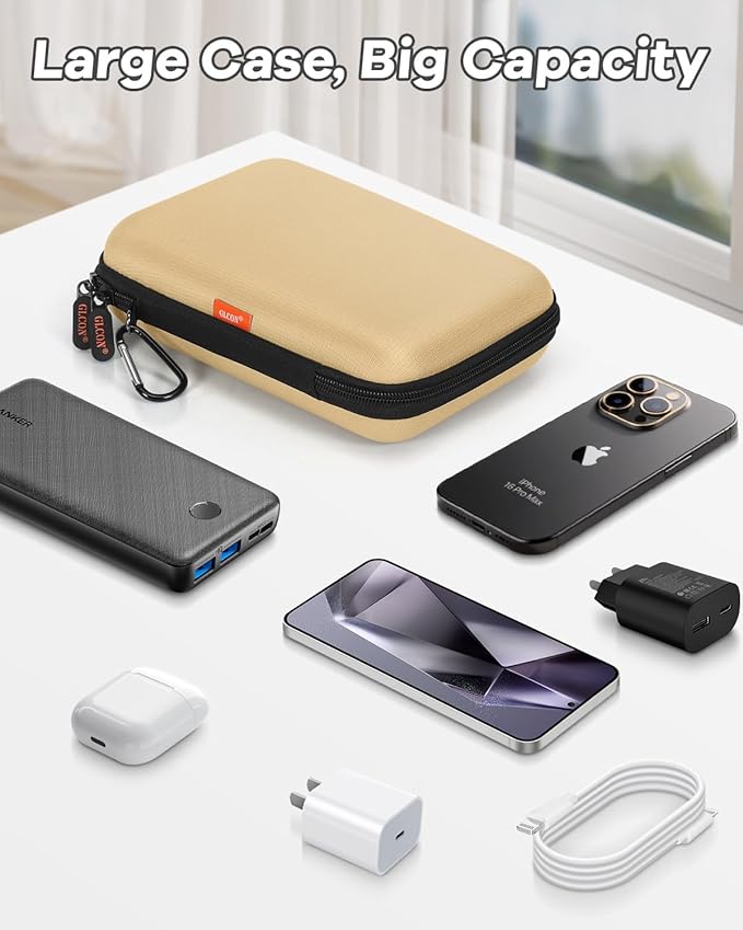 Kakhi-Brown Hard Shell Carrying Case for External Hard Drive, Power Bank, Charger, Cable, Cell Phone, Electronic Accessories - Larger Capacity Storage Pouch Shockproof Travel Case Bag for Men Women