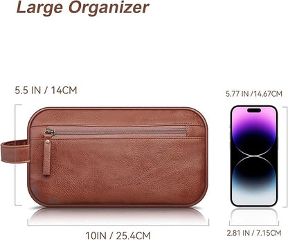 Travel Toiletry Bag for Men and Women, Travel Shaving Dopp Kit Water-resistant Bathroom Toiletries Organizer PU Leather Cosmetic Bags (Brown)