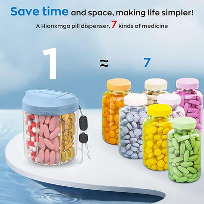 Pill Dispenser with 7 Large Compartments, 4.4" H x 3.6" Dia Pill Organizer for Travel, Supplement Organizer with Anti-Mixing Design, BPA-Free Pill Container with 20 Pcs Labels, Black+ Blue