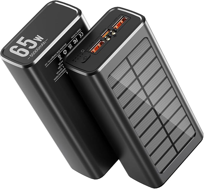 Solar Power Bank, 50000mAh 65W USB C Laptop Portable Charger, Tablet Powerbank, LED Flashlight, Power Bank Fast Charging Battery Pack Compatible with Samsung, iPad, MacBook