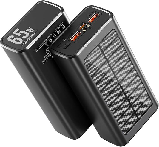 Solar Power Bank, 50000mAh 65W USB C Laptop Portable Charger, Tablet Powerbank, LED Flashlight, Power Bank Fast Charging Battery Pack Compatible with Samsung, iPad, MacBook