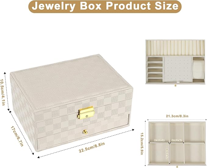 GUOER Jewelry Box for Women Girl Wife - Large PU Leather Jewelry Organizer Storage Case with Two Layers Display for Earrings Bracelets Rings Watches (Light Khaki)