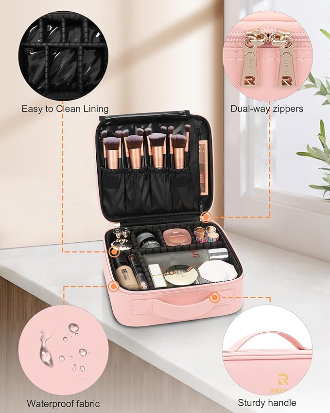 Relavel Travel Makeup Train Case Cosmetic Case Organizer Portable Artist Storage Bag with Adjustable Dividers for Cosmetics Makeup Brushes Toiletry Jewelry Digital Accessories (Pink)
