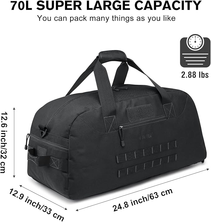 G4Free 70L Large Tactical Duffle Bag Men Sports Gym Backpack with Shoes Compartment Military MOLLE Duffel Backpack ( Black)