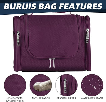 Buruis Large Toiletry Bag for Women and Men, Hanging Travel Bag for Makeup, Cosmetics, Shaving, Toiletries, Water-Resistant Dopp Kit for Gym, Camping, or Daily Use, Purple