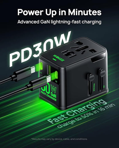 Tiny Universal Travel Adapter, 30W GaN Fast Charging International Power Adapter with 4 Ports (1 AC, 1 USB-A, and 2 USB-C), Plug Adapter with Smart Chip for Over 200 Countries, PD&QC Charger