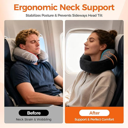 Memory Foam Neck Pillow for Airplane Travel - Ergonomic Support for Long Flights, Car Rides, Office & Home Use - Includes Contoured Eye Mask & Head Support - Adjustable Sizes M-L (Black)