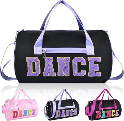 Dance Bag for Girls, KUIRAN 23L Waterproof Travel Duffel Bag with Colorful Chenille Letter, Lightweight Small Gym Sport Ballet Bag Weekender Bag with Large Main Compartment - Black/Purple