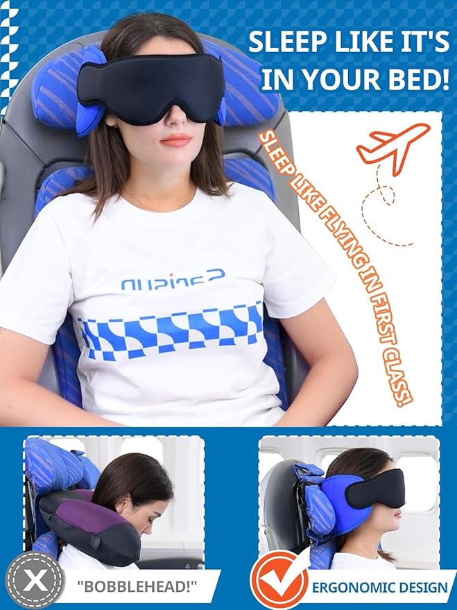 Travel Pillow Airplane Foot Hammock Set, Airplane Pillows with 3D Eye Mask for Sleeping, 360° Support Plane Head Strap, Long Flights Essentials, Stop Bobblehead and Travel Foot Rest Leg Relief