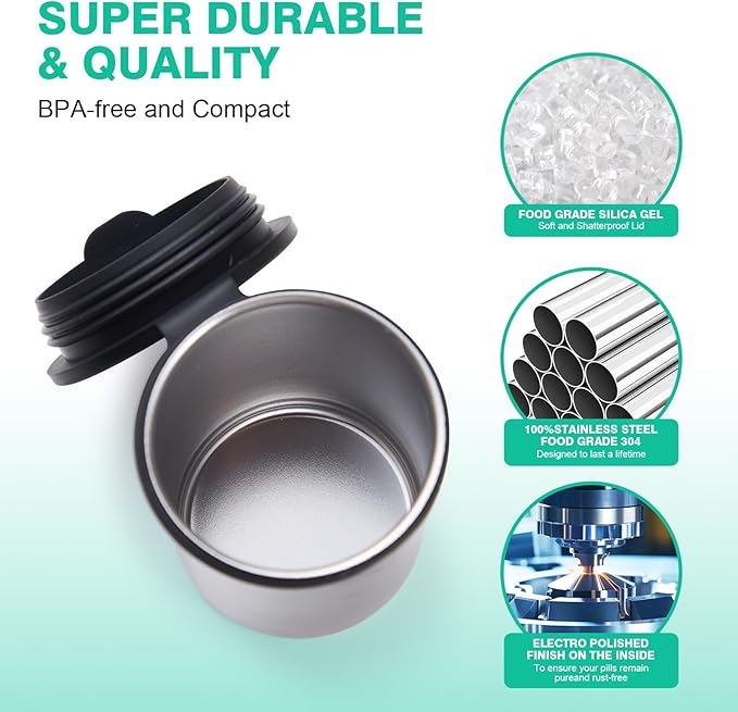 Weekly Stainless Steel Pill Organizer 7 Day, Magnetic Refrigerator Mountable Pill Box Case with Silicone-Sealed Lid for Travel(Morning & Evening)