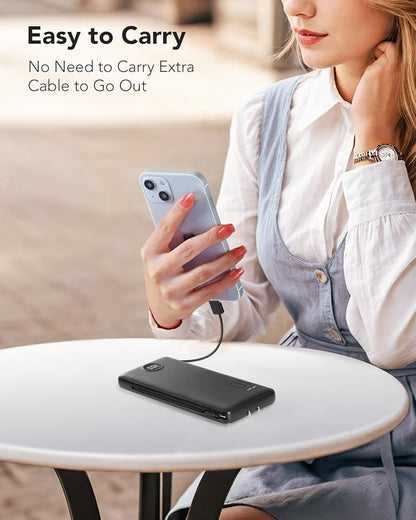 Portable Charger,Power Bank Built-in Cables and AC Wall Plug,VRURC USB C Portable Bank 10000mAh,Travel Essentials Phone Charger Compact Lightweight External Battery Pack for Smart Phones,Tablets-Black