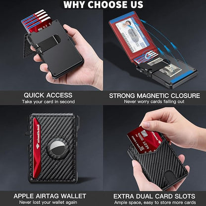 Airtag Wallet for Men, Mens Smart Wallet for Air Tag RFID Blocking, Minimalist Bifold Pop Up Aluminum Credit Card Case Holder 12+ Cards with ID Window, Gift for Men, No Airtag Included, Carbon Red