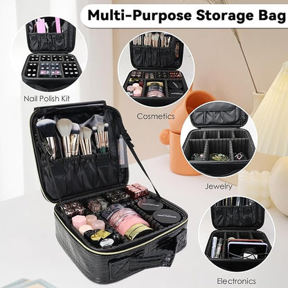 Travel Makeup Bag Makeup Cosmetic Train Case Organizer Portable Storage Bag with Adjustable Dividers for Cosmetics Makeup Brushes Toiletry Jewelry Black Crocodile Pattern