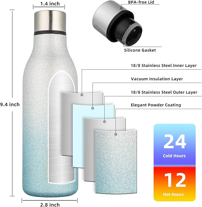 BJPKPK Insulated Water Bottles, 18 oz Stainless Steel Metal Water Bottle with Strap, BPA Free Leak Proof Jugs,Mugs,Flasks, Reusable Thermal Flasks for Sports & Travel, Sparkling Silver Blue