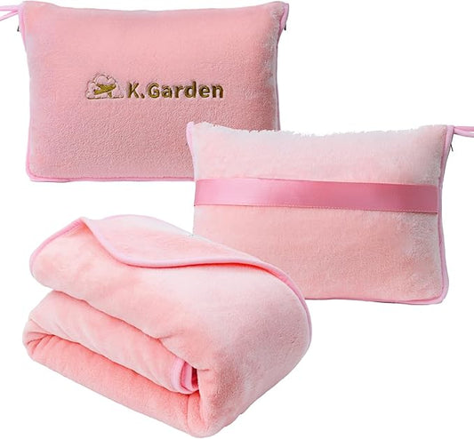 Travel Cooling Blanket and Pillow- Soft 2 in 1 Airplane Compact Flight Essentials Car Pillow Travelers Gifts Accessories Compact Pack Blanket for Any Travel with Luggage Backpack Strap,Pink