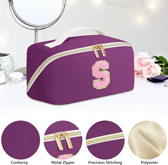 Personalized Initial Makeup Bag,Christmas Gifts for Girl,Preppy Bag Cosmetic Travel Bag Women,Travel Toiletry Organizer,Large Capacity Corduroy Stuff Bag,Cute Cosmetic Pouch Skincare Bag-F