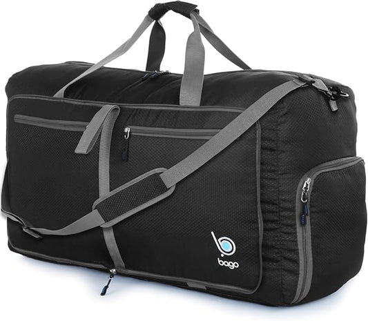 Bago Large Foldable Duffel Bags for Traveling Women & Men - 80L Packable Duffle Bag for Travel with Shoe Compartment - Water Repellant, Heavy Duty, Lightweight Folding & Collapsible (Black)