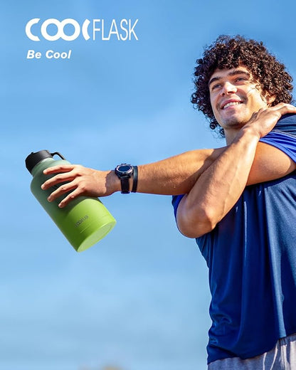 Half Gallon Water Bottle Insulated with Straw & 3 Lids, Coolflask 64 oz Water Jug Large Metal Stainless Steel Wide Mouth for Sports, Gym or Office, Non-BPA Keep Cold 48H Hot 24H, Ombre Green