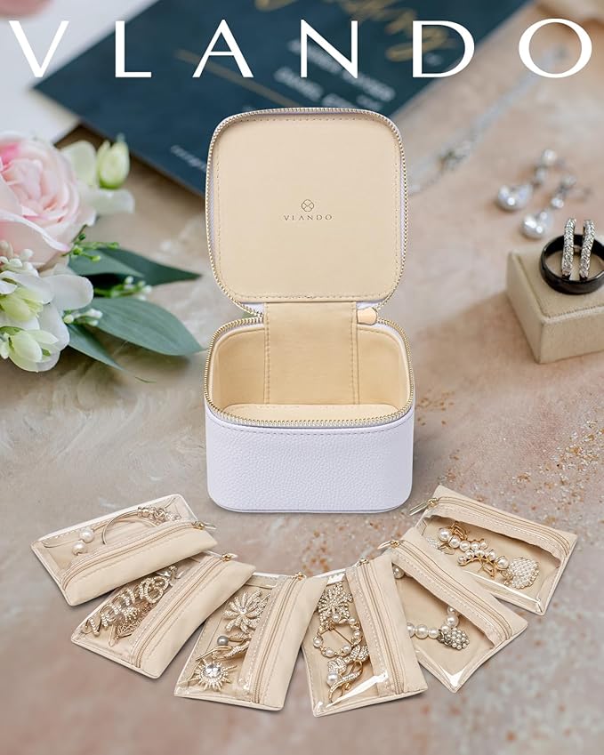 Vlando Travel Jewelry Case,Small Jewelry Box with 6 velvet zipper pockets,PU Leather Travel Jewelry Organizer for Women Girl Travelers Christmas Birthday Gift-Purple