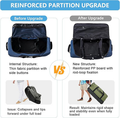 Vomgomfom Wheeled Collapsible Duffel Bag,110L-140L Expandable Checked Luggage, No-Telescopic-Handle with Anti-Burst Zipper & Reinforced Frame,Navy