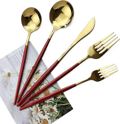 Red Gold Silverware Set, JASHII 30-Piece Stainless Steel Satin Finish Flatware Set, Kitchen Utensil Set, Mirror Polished Tableware Cutlery Set for Home and Restaurant, Dishwasher Safe