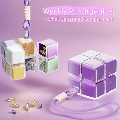 Weekly Pill Organizer, Travel 7 Day Pill Box Case with Magnetic Design, Easy Open Pill Container for 8 Compartments Portable Pill Case Medicine Holder for Vitamins Medication (Purple)