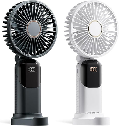 Portable Fan, 4200mAh Battery Operated Fan, 5 Speeds&Digital Display, Makeup Fans for Women with Base, 180°Foldable 3in1 Handheld/Neck/Desk Fan for Outdoor Indoor,Ultra Quiet (Black white)