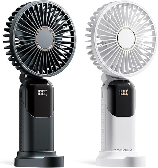 Portable Fan, 4200mAh Battery Operated Fan, 5 Speeds&Digital Display, Makeup Fans for Women with Base, 180°Foldable 3in1 Handheld/Neck/Desk Fan for Outdoor Indoor,Ultra Quiet (Black white)