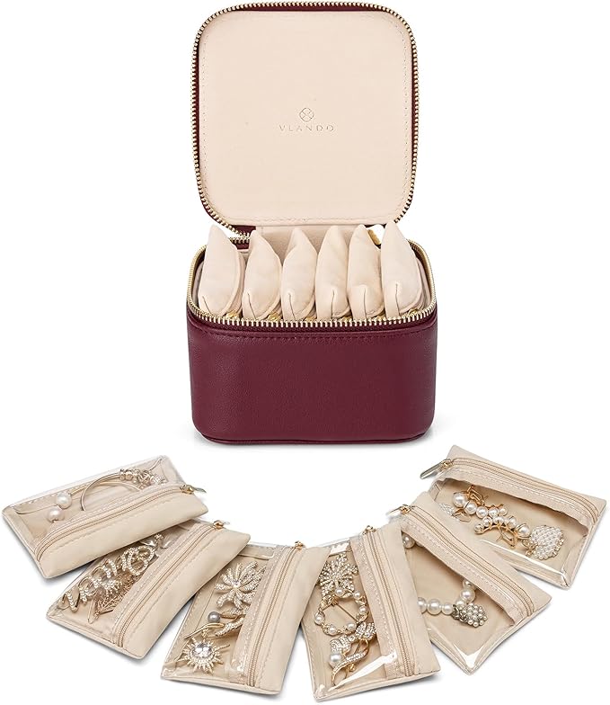 Vlando Travel Jewelry Case,Gifts for Women, Travel Jewelry Organizer with 6 Velvet Jewelry Pouch,Jewelry Box for Women Girls-Red