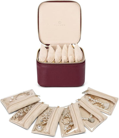 Vlando Travel Jewelry Case,Gifts for Women, Travel Jewelry Organizer with 6 Velvet Jewelry Pouch,Jewelry Box for Women Girls-Red