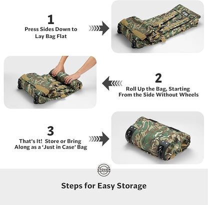 STOVER 100L Rolling Duffel Bag with Wheels, X-Large Durable Travel Duffle + Toiletry Bag, Heavy Duty, Packable with Shoulder Straps- Use as Luggage or Backpack (Camouflage)