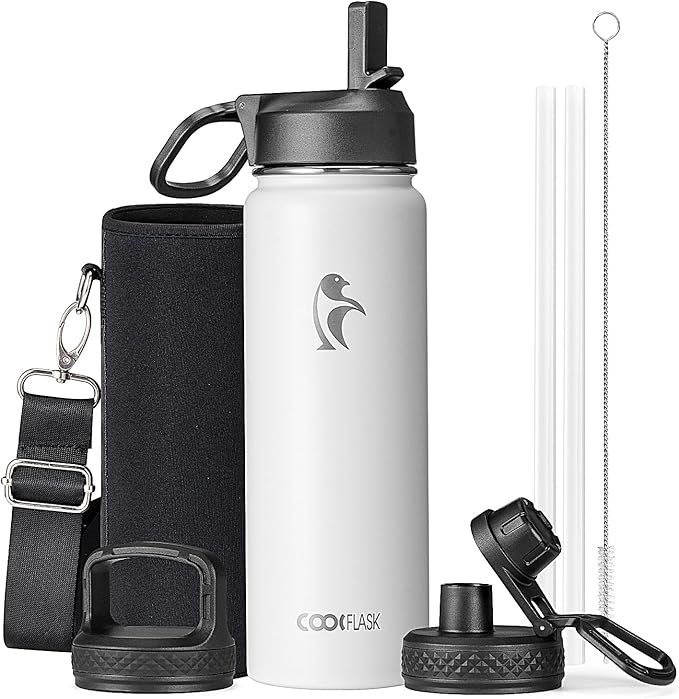 Coolflask Water Bottle 24 oz Insulated with Straw, Stainless Steel Metal 3 Lids Water Flask Wide Mouth for Sports or Office, Non-BPA Keep Cold Up to 48 Hrs or Hot Up to 24 Hrs, White