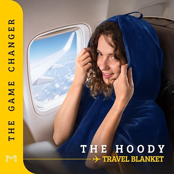 Travel Blanket Airplane Compact with Hoodie – 2in1 Airplane Travel Accessories from Plane Blanket to Travel Pillow with Luggage Strap, Soft Handle & Secure Pocket (Navy Blue, 62x41'')