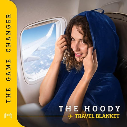 Travel Blanket Airplane Compact with Hoodie – 2in1 Airplane Travel Accessories from Plane Blanket to Travel Pillow with Luggage Strap, Soft Handle & Secure Pocket (Navy Blue, 62x41'')
