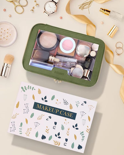 Travel Clear Makeup Bag with Makeup Brush Bag, Leather Makeup Case Toiletry Bag, Portable Cosmetic Bag Case, Transparent Waterproof Cosmetic Organizer Storage Bag for Women, Green