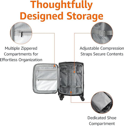 Amazon Basics 17" Carry On Luggage, Softside Suitcase With TSA Lock, 8 Spinner Wheels, Front Exterior Pocket, 3 Interior Pockets For Dry and Damp Clothes/Towels Separately, Black