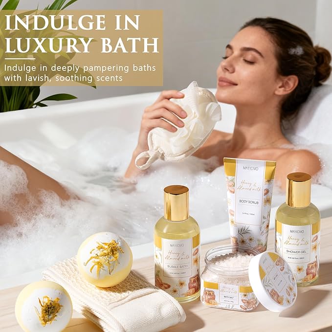 Christmas Birthday Gifts for Women, Honey & Almond Milk Relaxing Spa Gift Baskets for Women Self Care Package Bath Gift Set, Home Bath and Body Kit Pamper Gifts for Womens Mom Her Friends Sister Wife