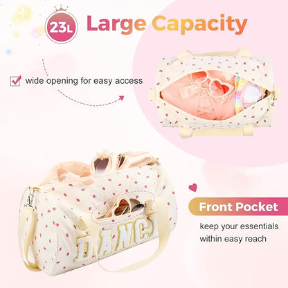 Dance Bag for Girls, KUIRAN 23L Waterproof Travel Duffel Bag with Colorful Chenille Letter, Lightweight Small Gym Sport Ballet Weekender Bag with Large Main Compartment - Strawberry/White