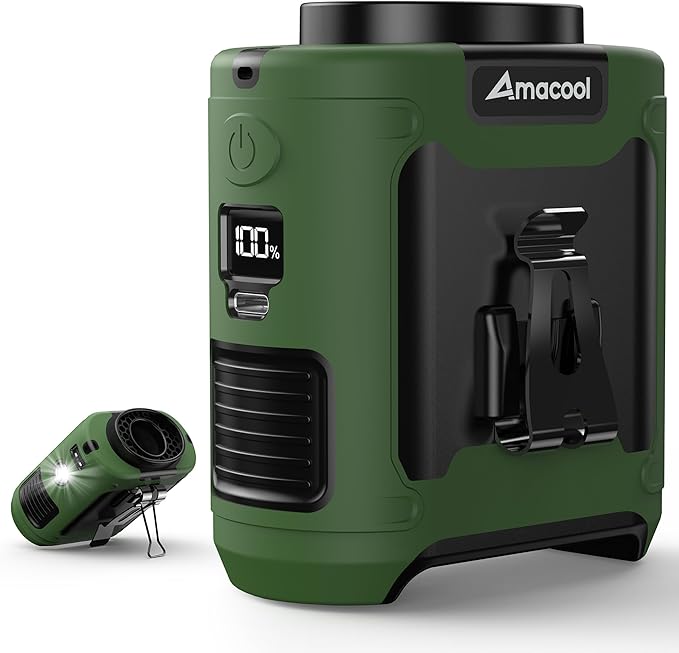 AMACOOL Portable Waist Fan Clip On, MAX 40H Work Time, 10000mAh Rechargeable Wearable Shirt Fan with Light, 16000RPM Powerful 5 Speed Belt Fans Personal Cooling Fans for Outdoor Jobsite Travel