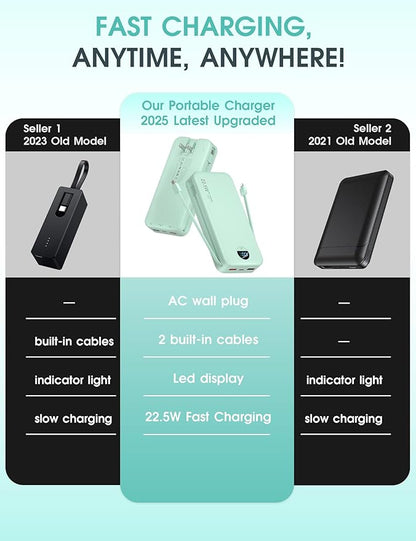 Portable Charger Power Bank, 20000mAh 22.5W USB C Fast Charging with Built-in Cables & Wall Plug, External Battery Pack with LED Display, Travel Essential for iPhone, iPad, Samsung Green