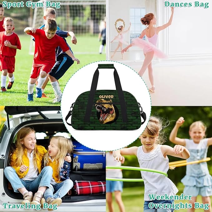 Personalized Duffel Bag for Kids Girls Boys, Scary Dinosaur Custom Name Gym Bag Overnight with Padded Handles Carry On Weekend Sports Travel Bag for School Practice Gymnastics Ballet