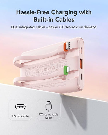 VEGER Portable Charger with Built in Cables, Slim 10000mAh PD 22.5W Fast Charging USB C Power Bank, 4 Outputs 3 Inputs Battery Pack Compatible with iPhone 16e 15 14 13 Samsung iPad - Travel Essential