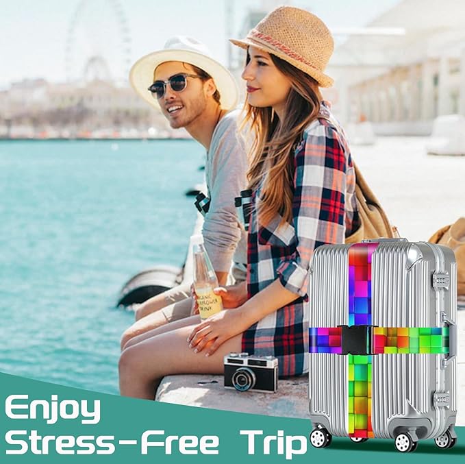 Slohif Luggage Straps for Suitcases Travel Belt Accessories Luggage Connector Identifiers Over Handle with Buckle Unique Nylon Adjustable Strap for Sleeping Bag Car Seat Color Square (2 Pack)