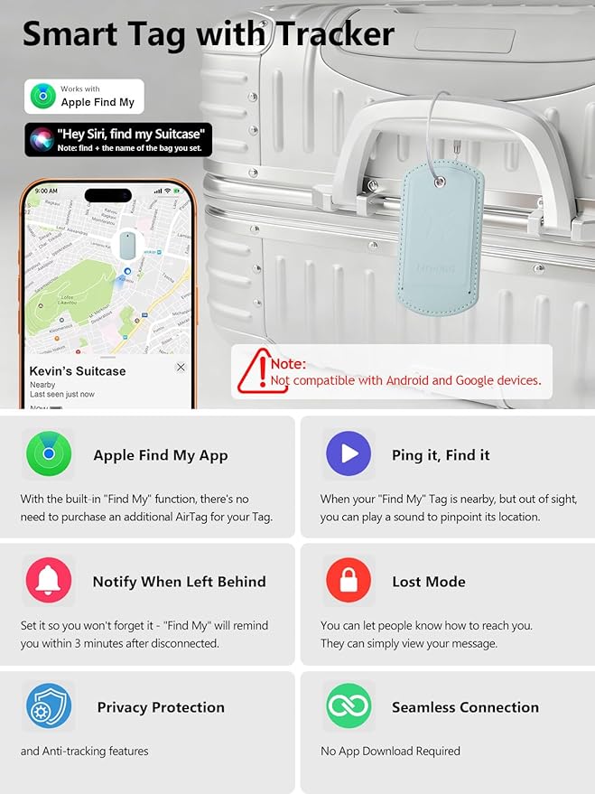 Luggage Tag with Tracker (iOS Only), Premium PU Leather Luggage Tags for Suitcase, Privacy Cover & ID Card Slot, Stainless Loop for Travel Bags, Backpack, Pet Carrier, Ideal Gadgets (Light Green)