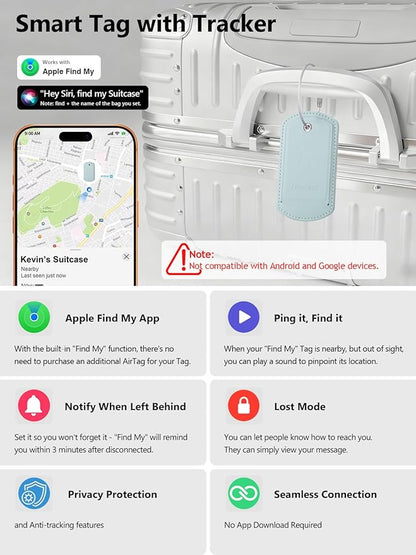 Luggage Tag with Tracker (iOS Only), Premium PU Leather Luggage Tags for Suitcase, Privacy Cover & ID Card Slot, Stainless Loop for Travel Bags, Backpack, Pet Carrier, Ideal Gadgets (Light Green)