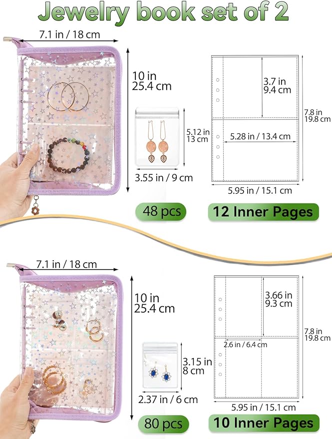 Jewelry Organizer Case Travel Clear Earring Organizer Case Transparent Jewelry Storage Book with Clear Zippered Jewelry Pouch (Purple, Set Pack of 2 Jewelry books)