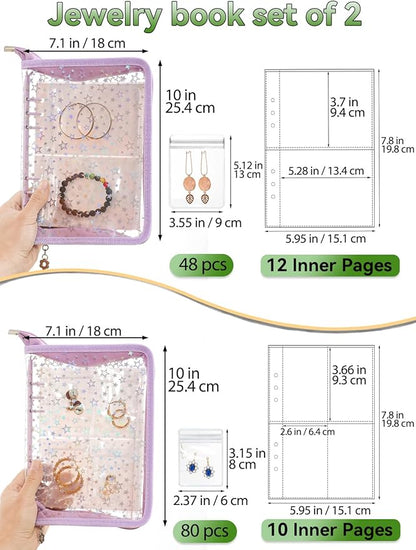 Jewelry Organizer Case Travel Clear Earring Organizer Case Transparent Jewelry Storage Book with Clear Zippered Jewelry Pouch (Purple, Set Pack of 2 Jewelry books)